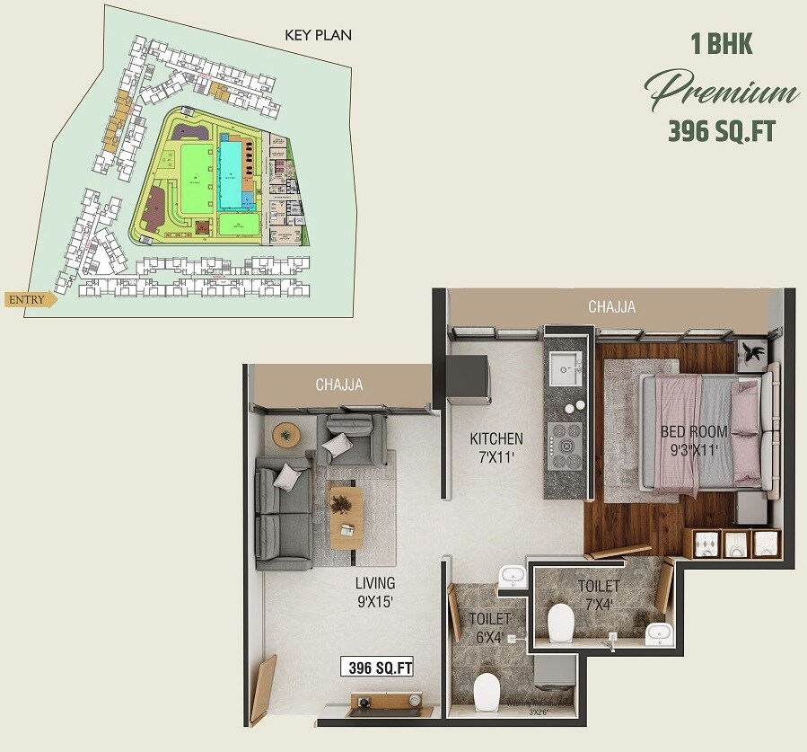 Floor plan of 1 BHK 396 Sq. Ft. Apartment in Today Royal Aikyam, Navi Mumbai