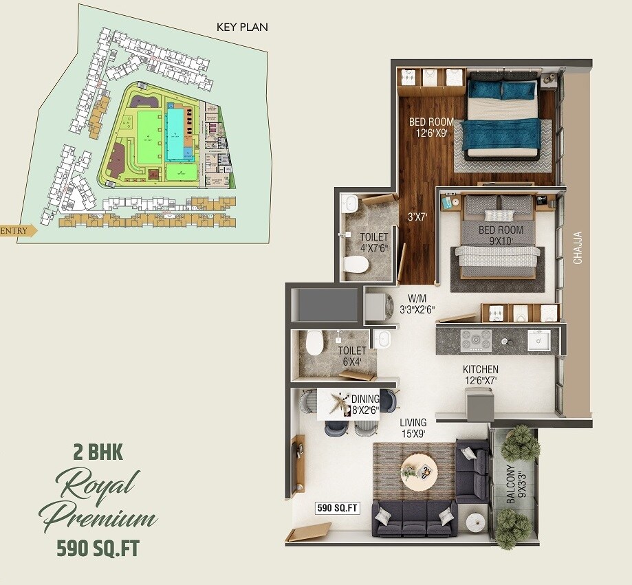 Floor plan of 2 BHK 590 Sq. Ft. Apartment in Today Royal Aikyam, Navi Mumbai