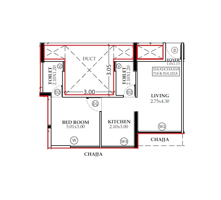 Floor plan of 1 BHK 426 Sq. Ft. Apartment in Today Royal Aikyam Two, Navi Mumbai