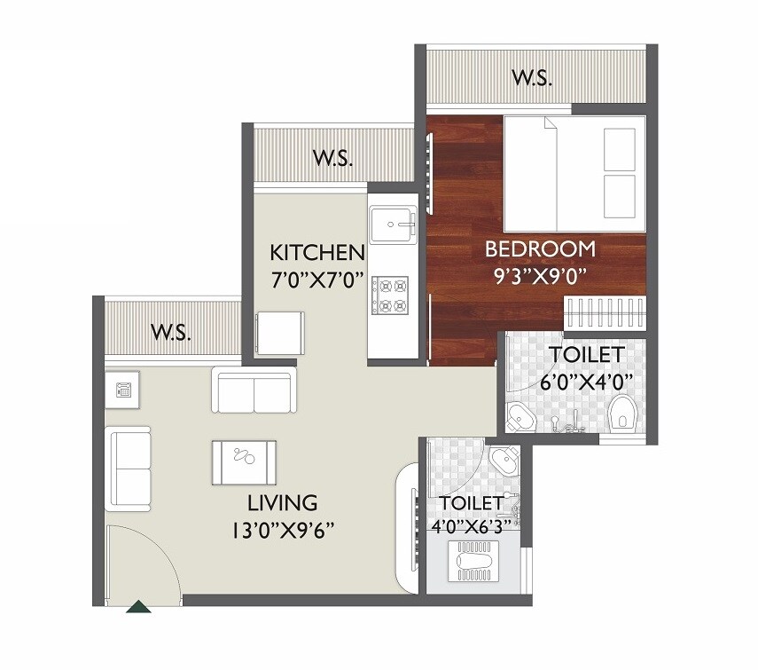 Floor plan of 1 BHK 307 Sq. Ft. Apartment in Today Royal Belantara, Navi Mumbai