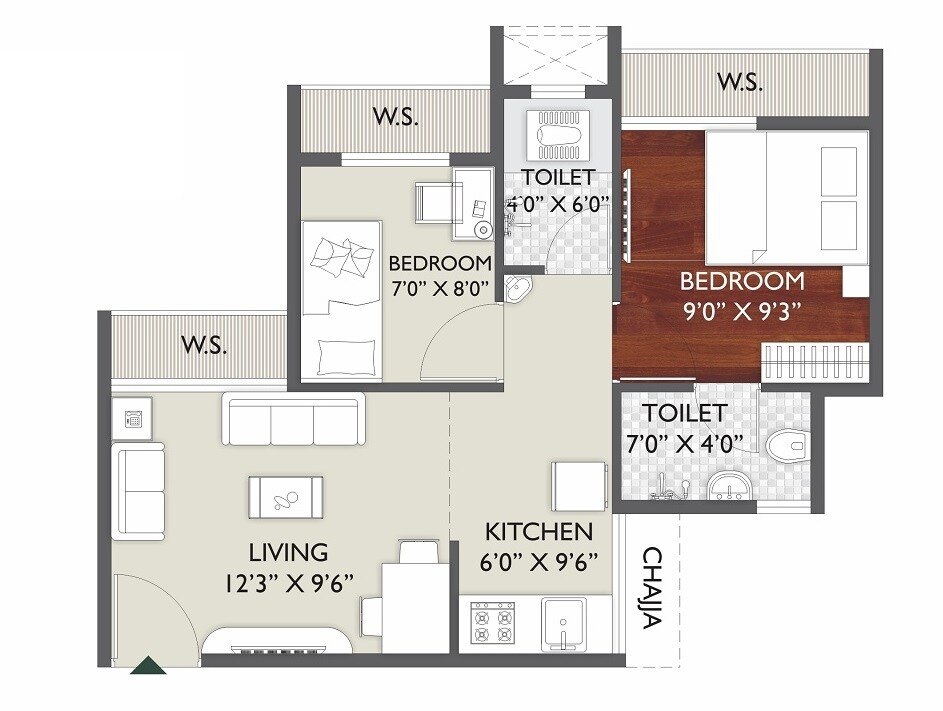 Floor plan of 2 BHK 343 Sq. Ft. Apartment in Today Royal Belantara, Navi Mumbai