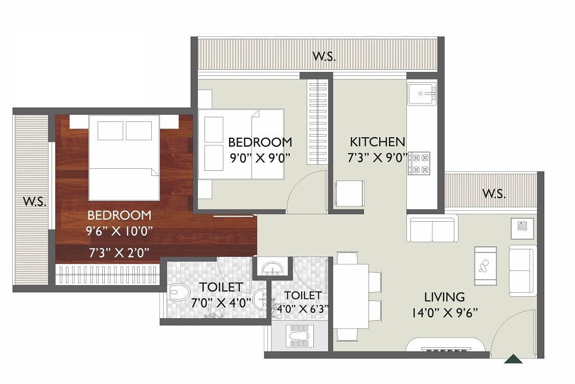Floor plan of 2 BHK 581 Sq. Ft. Apartment in Today Royal Belantara, Navi Mumbai