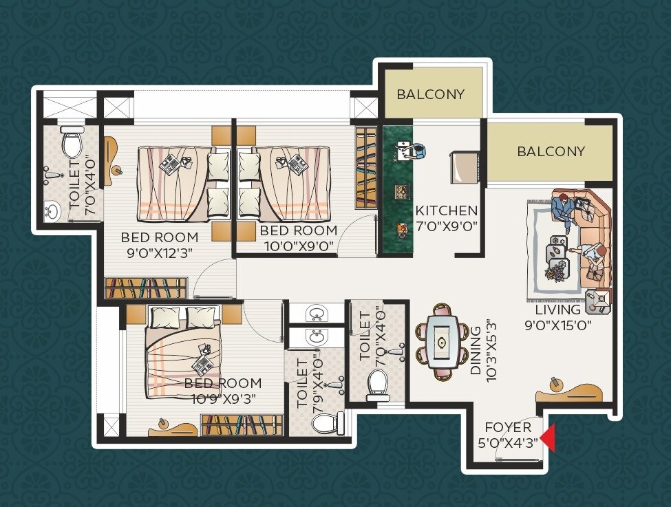Floor plan of 3 BHK 736 Sq. Ft. Apartment in Today Royal Belantara, Navi Mumbai