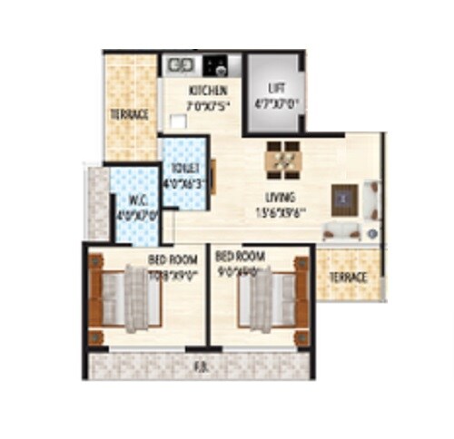 Floor plan of 2 BHK 396 Sq. Ft. Apartment in Today Royal Elisium, Navi Mumbai