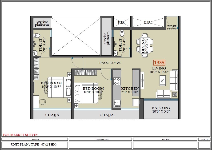 Floor plan of 2 BHK 1335 Sq. Ft. Apartment in Today Royal Estate, Navi Mumbai