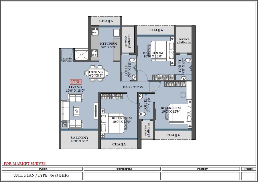 Floor plan of 3 BHK 1730 Sq. Ft. Apartment in Today Royal Estate, Navi Mumbai