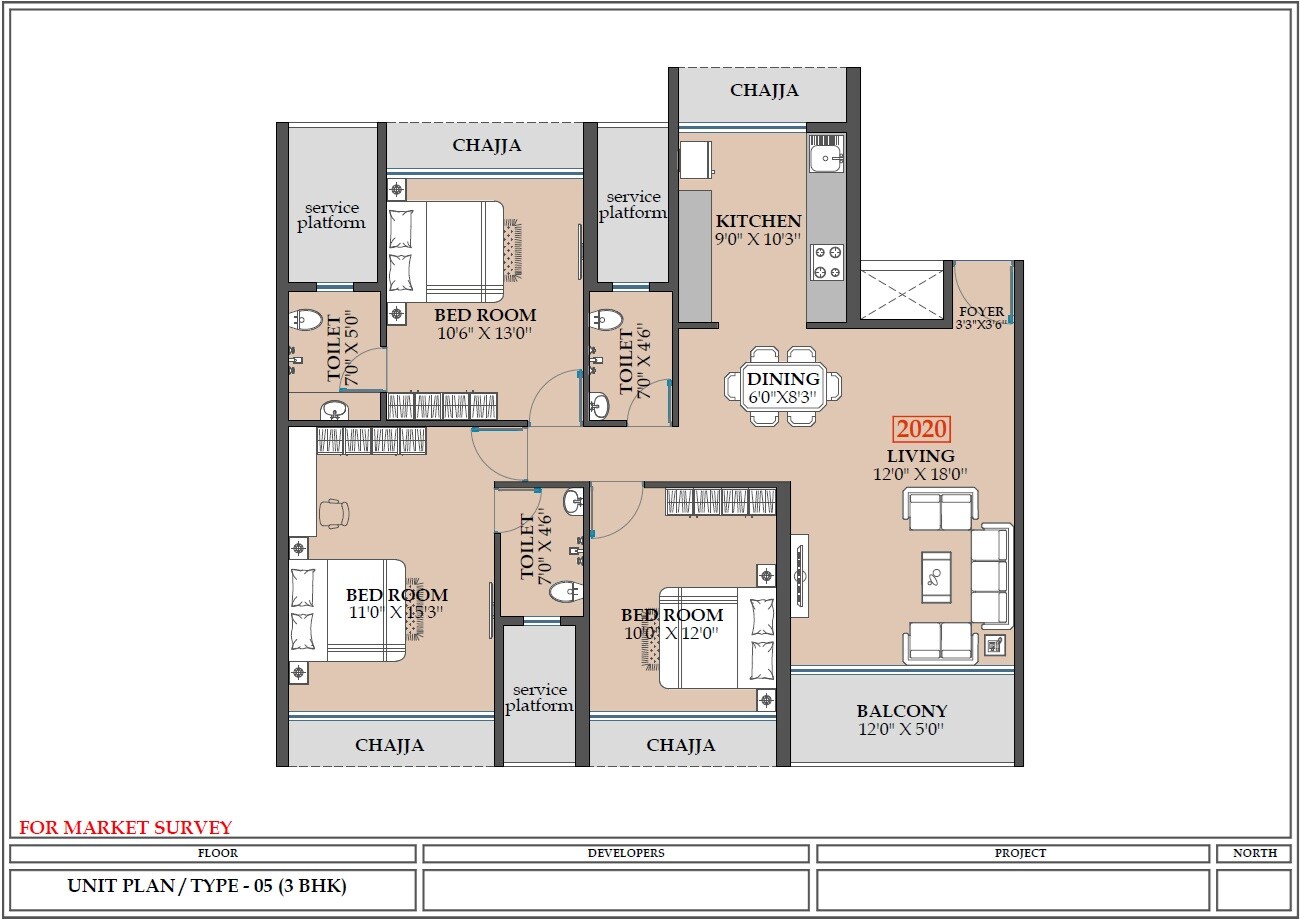 Floor plan of 3 BHK 2020 Sq. Ft. Apartment in Today Royal Estate, Navi Mumbai