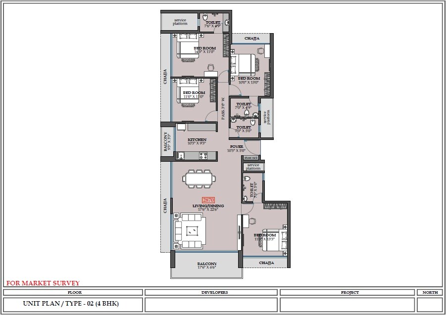 Floor plan of 4 BHK 2870 Sq. Ft. Apartment in Today Royal Estate, Navi Mumbai