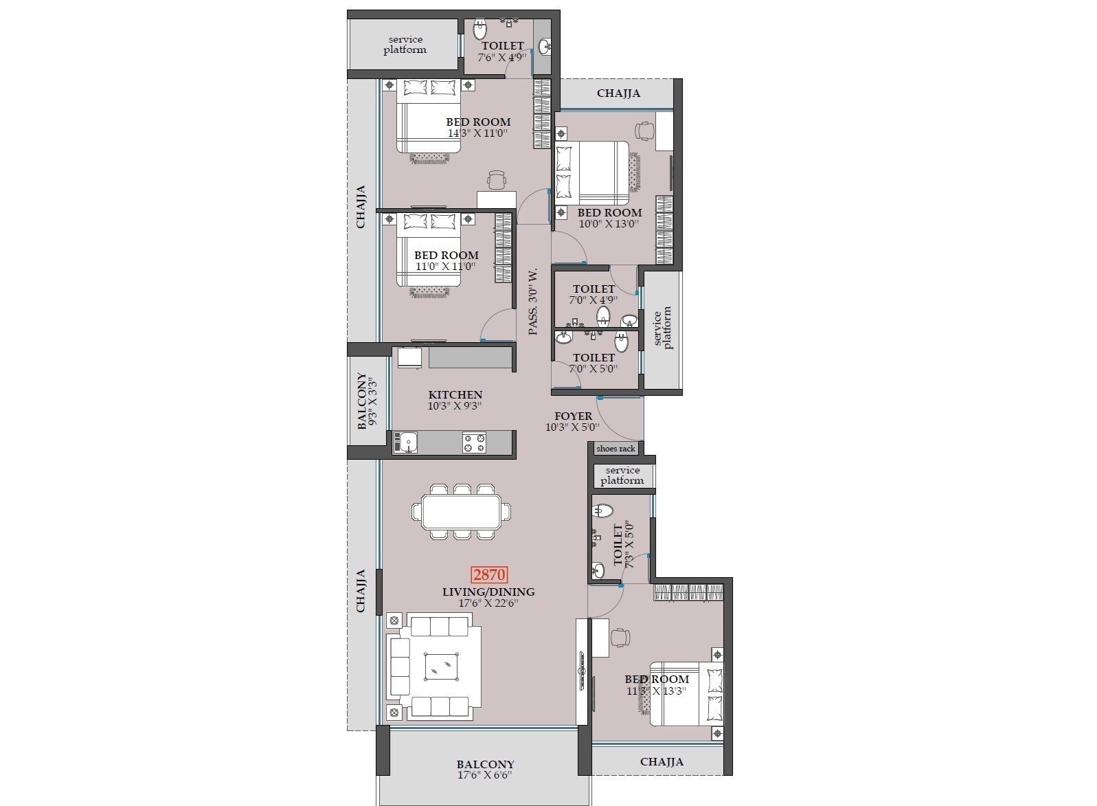 Floor plan of 4 BHK 2870 Sq. Ft. Apartment in Today Royal Estate, Navi Mumbai
