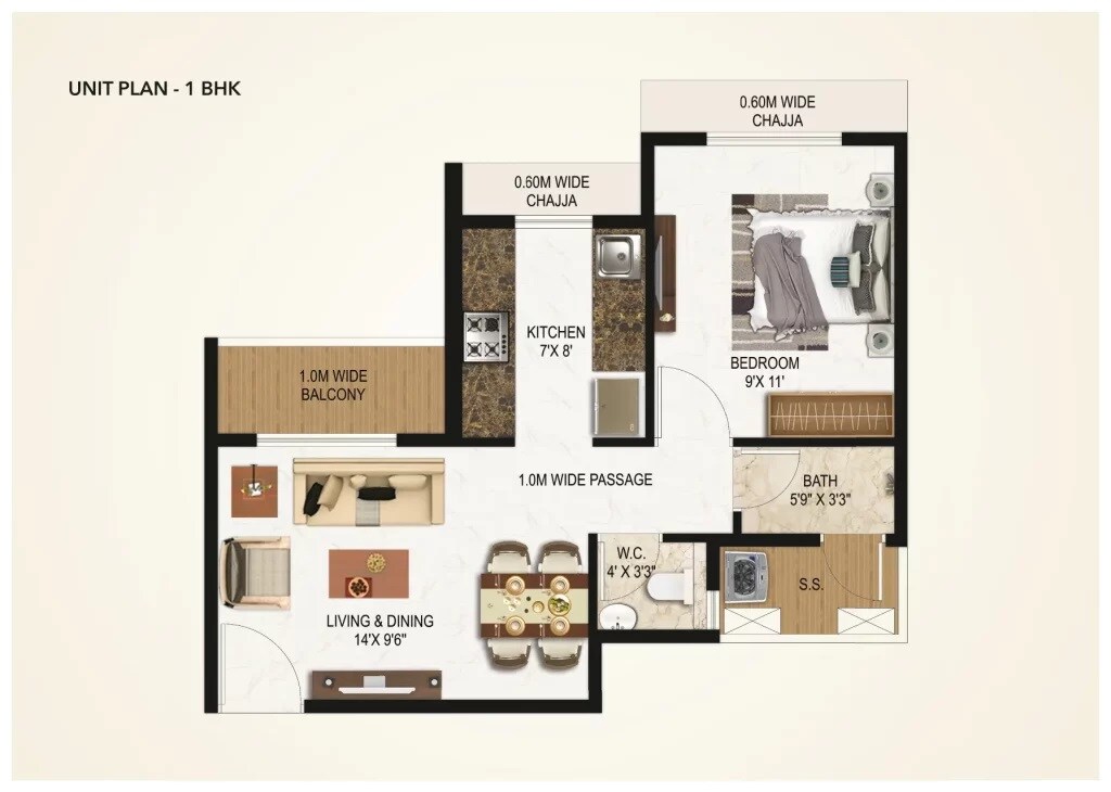 Floor plan of 1 BHK 365 Sq. Ft. Apartment in Today Saubhagyam, Navi Mumbai