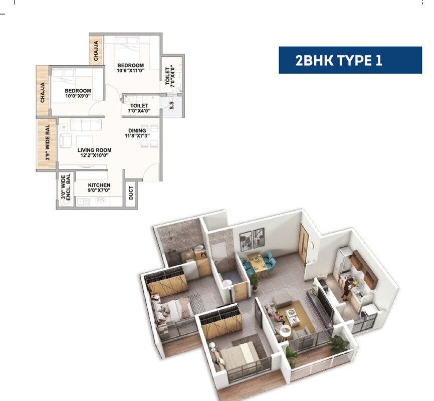 Floor plan of 2 BHK 567 Sq. Ft. Apartment in TPV Bharat Enclave, Navi Mumbai