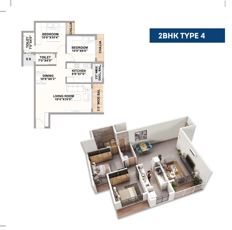 Floor plan of 2 BHK 601 Sq. Ft. Apartment in TPV Bharat Enclave, Navi Mumbai