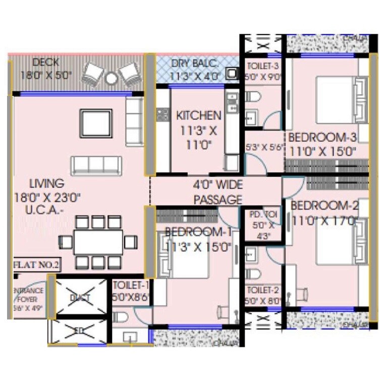 Floor plan of 3 BHK 1626 Sq. Ft. Apartment in TPV Down Town Avenue, Navi Mumbai