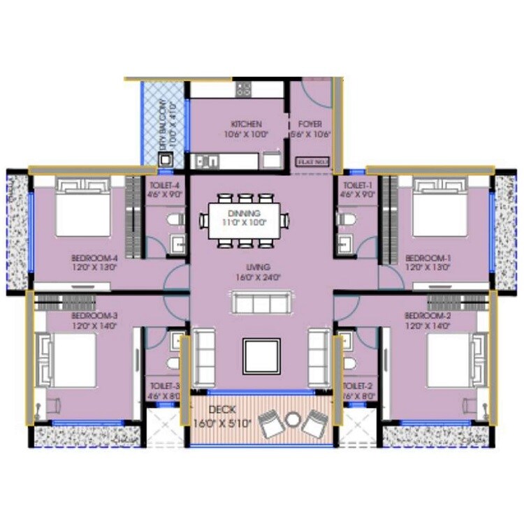 Floor plan of 4 BHK 2398 Sq. Ft. Apartment in TPV Down Town Avenue, Navi Mumbai