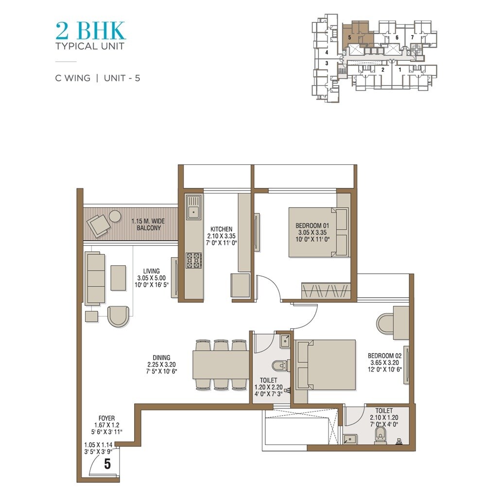 Floor plan of 2 BHK 458 Sq. Ft. Apartment in TPV The Royal Bay, Navi Mumbai