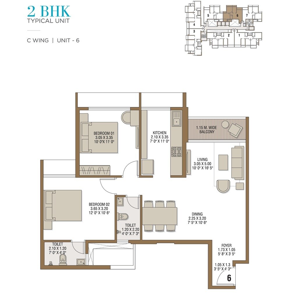 Floor plan of 2 BHK 688 Sq. Ft. Apartment in TPV The Royal Bay, Navi Mumbai