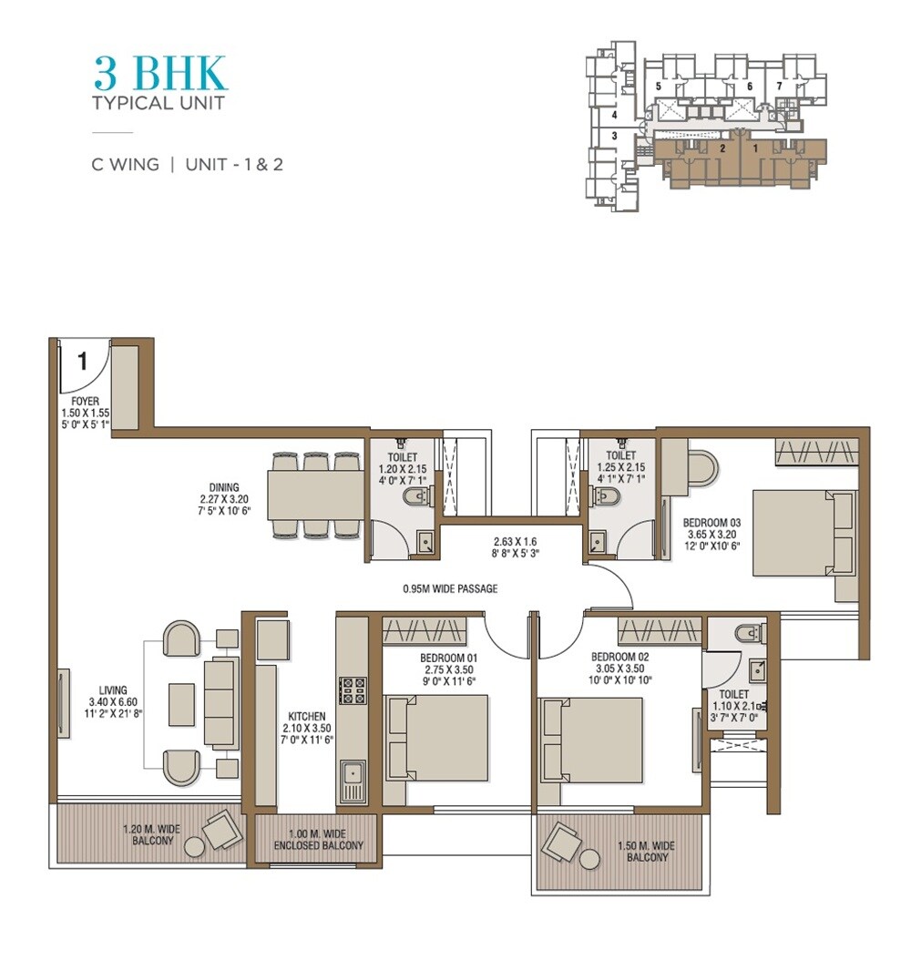 Floor plan of 3 BHK 987 Sq. Ft. Apartment in TPV The Royal Bay, Navi Mumbai