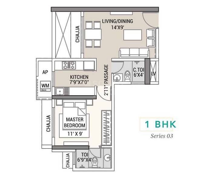 Floor plan of 1 BHK 369 Sq. Ft. Apartment in Tricity Aura, Navi Mumbai
