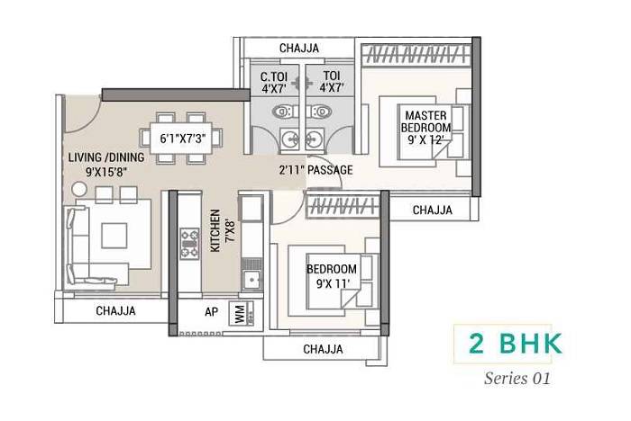 Floor plan of 2 BHK 557 Sq. Ft. Apartment in Tricity Aura, Navi Mumbai