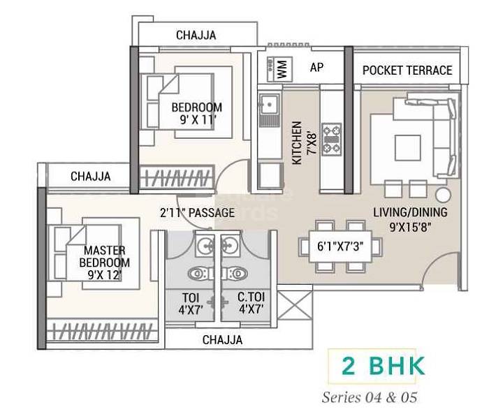 Floor plan of 2 BHK 623 Sq. Ft. Apartment in Tricity Aura, Navi Mumbai