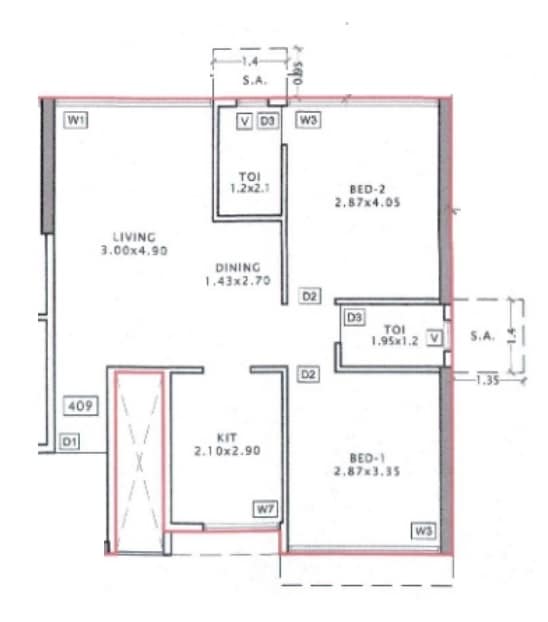 Floor plan of 2 BHK 667 Sq. Ft. Apartment in Tricity Bayview, Navi Mumbai