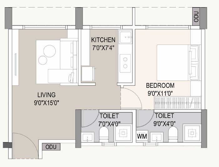 Floor plan of 1 BHK 405 Sq. Ft. Apartment in Tricity Bliss, Navi Mumbai