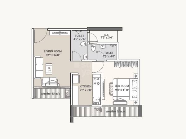 Floor plan of 1 BHK 373 Sq. Ft. Apartment in Tricity Crest, Navi Mumbai