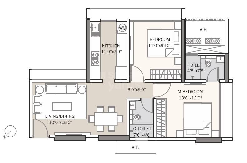 Floor plan of 2 BHK 606 Sq. Ft. Apartment in Tricity Montview, Navi Mumbai