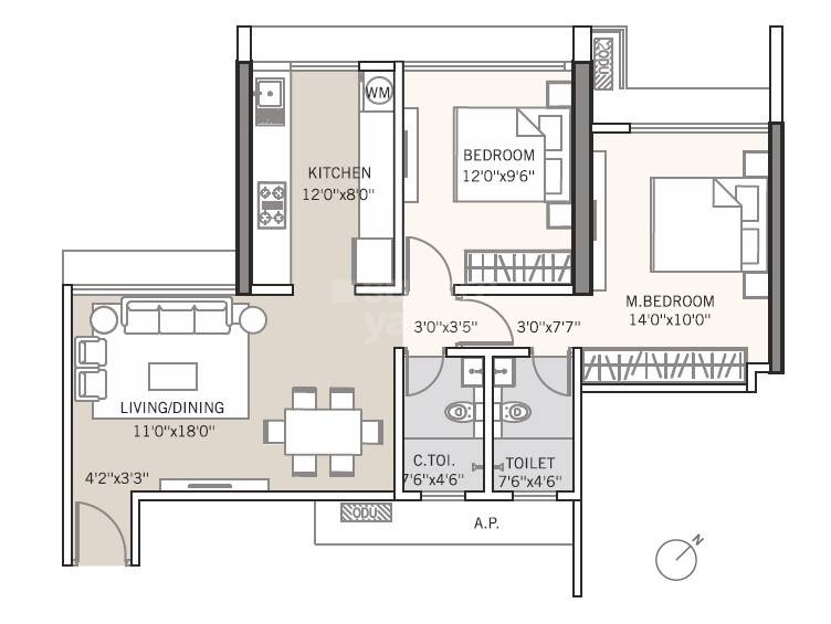 Floor plan of 2 BHK 645 Sq. Ft. Apartment in Tricity Montview, Navi Mumbai