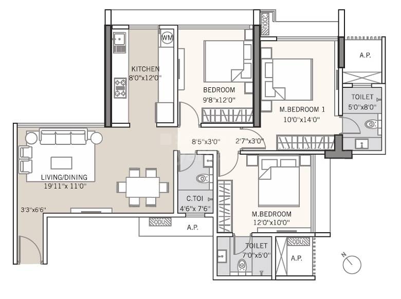 Floor plan of 3 BHK 903 Sq. Ft. Apartment in Tricity Montview, Navi Mumbai