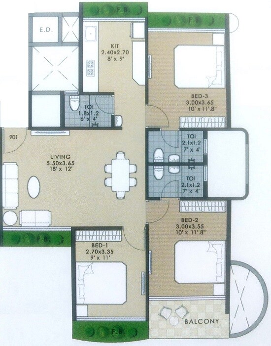 Floor plan of 3 BHK 576 Sq. Ft. Apartment in Tricity palacio, Navi Mumbai