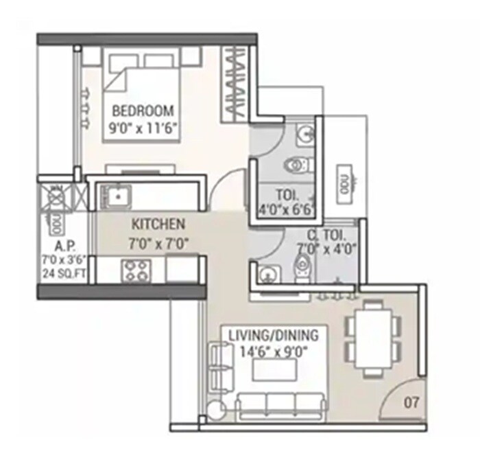 Floor plan of 1 BHK 312 Sq. Ft. Apartment in Tricity Water Front, Navi Mumbai