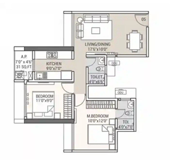 Floor plan of 2 BHK 504 Sq. Ft. Apartment in Tricity Water Front, Navi Mumbai