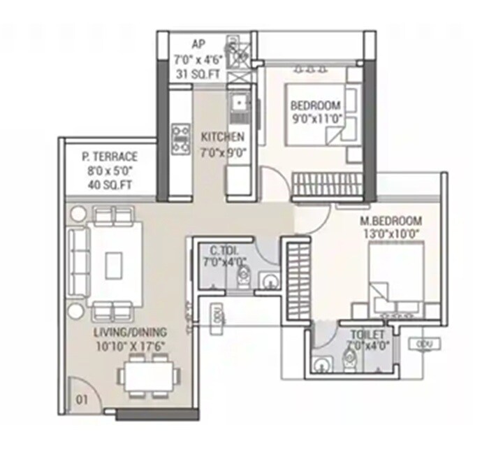 Floor plan of 2 BHK 532 Sq. Ft. Apartment in Tricity Water Front, Navi Mumbai