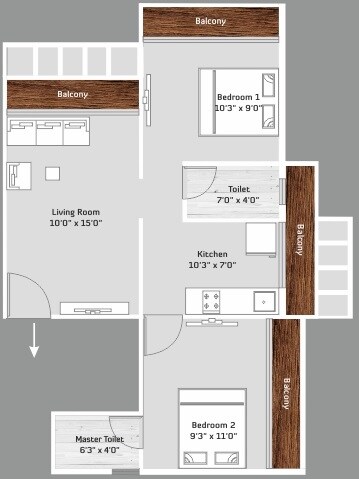 Floor plan of 2 BHK 377 Sq. Ft. Apartment in Trident Avenue, Navi Mumbai