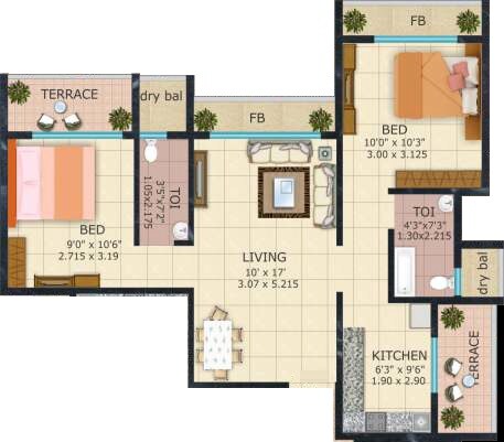 Floor plan of 2 BHK 367 Sq. Ft. Apartment in Tulsi Alaya, Navi Mumbai