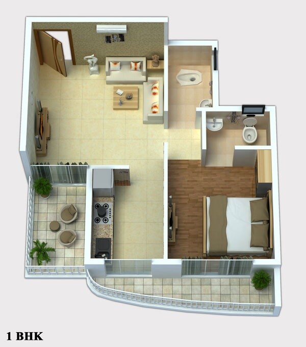 Floor plan of 1 BHK 543 Sq. Ft. Apartment in Udaan Aurum, Navi Mumbai