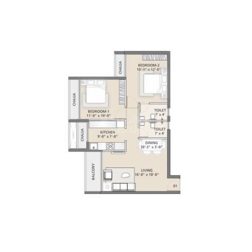 Floor plan of 2 BHK 729 Sq. Ft. Apartment in Uma Ananta, Navi Mumbai