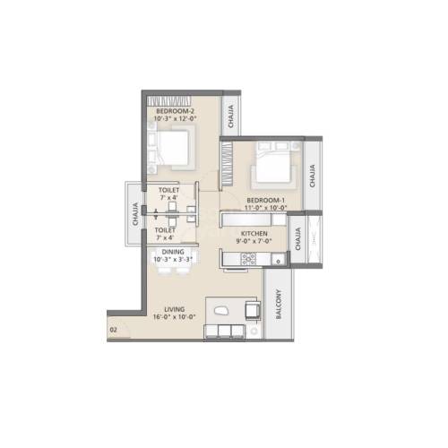Floor plan of 2 BHK 846 Sq. Ft. Apartment in Uma Ananta, Navi Mumbai