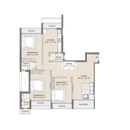 Floor plan of 3 BHK 1072 Sq. Ft. Apartment in Uma Ananta, Navi Mumbai
