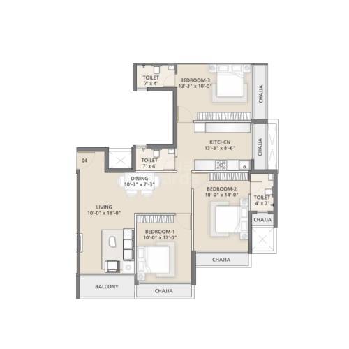Floor plan of 3 BHK 1095 Sq. Ft. Apartment in Uma Ananta, Navi Mumbai