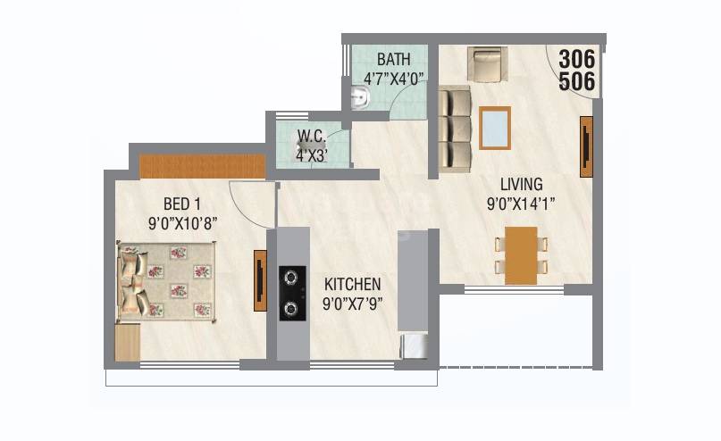 Floor plan of 1 BHK 303 Sq. Ft. Apartment in Unimax Happy Home, Navi Mumbai