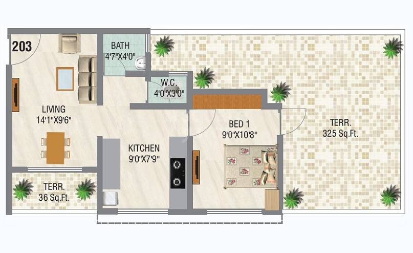 Floor plan of 1 BHK 339 Sq. Ft. Apartment in Unimax Happy Home, Navi Mumbai
