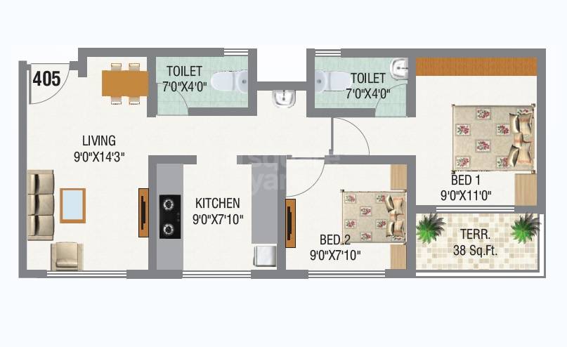 Floor plan of 2 BHK 492 Sq. Ft. Apartment in Unimax Happy Home, Navi Mumbai