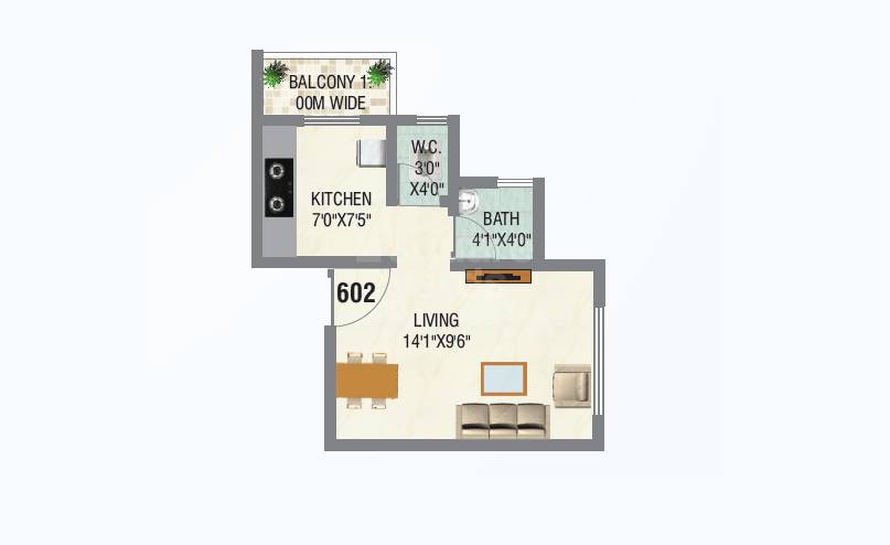 Floor plan of 211 Sq. Ft. Studio in Unimax Happy Home, Navi Mumbai