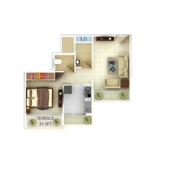 Floor plan of 1 BHK 271 Sq. Ft. Apartment in Unimont Coral, Navi Mumbai