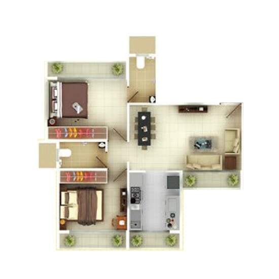Floor plan of 2 BHK 343 Sq. Ft. Apartment in Unimont Coral, Navi Mumbai