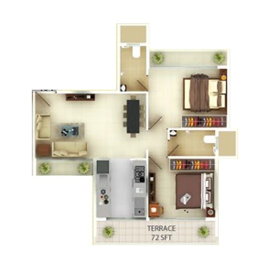 Floor plan of 2 BHK 421 Sq. Ft. Apartment in Unimont Coral, Navi Mumbai