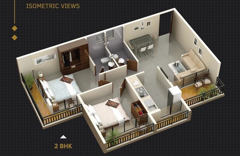 Floor plan of 2 BHK 880 Sq. Ft. Apartment in Unimont Imperia, Navi Mumbai