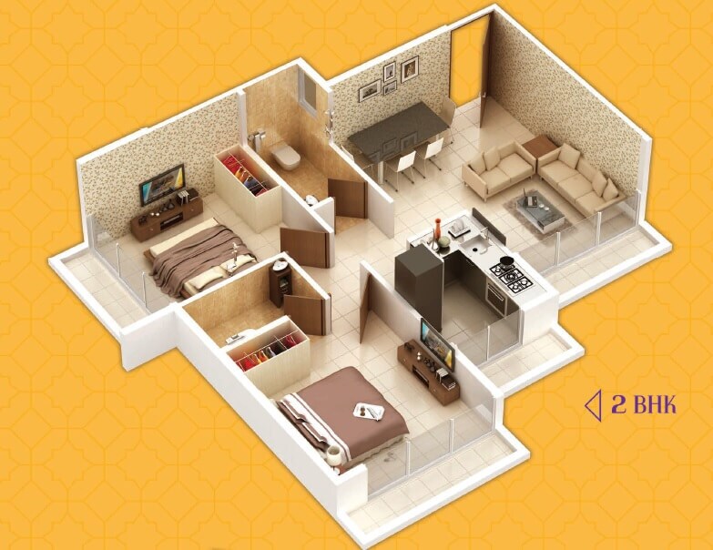 Floor plan of 2 BHK 454 Sq. Ft. Apartment in Unimont Opal, Navi Mumbai